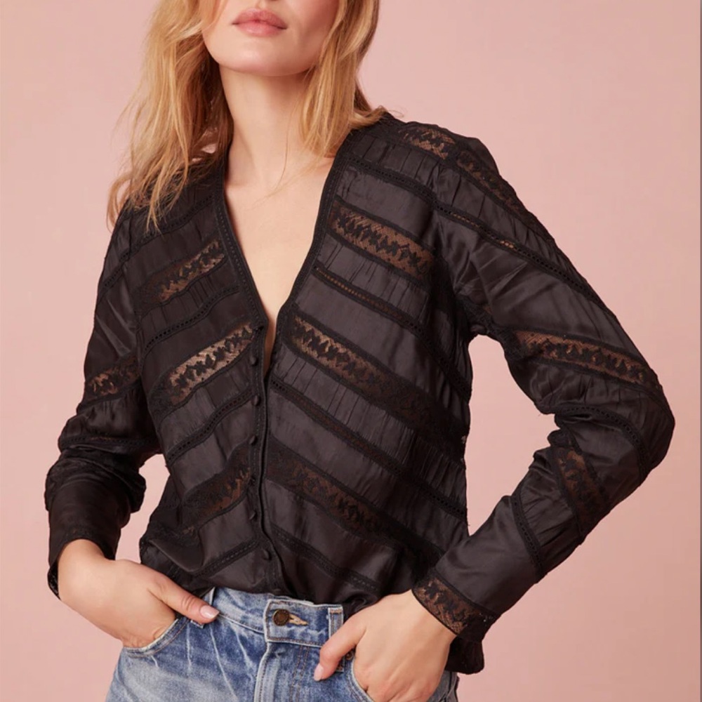 LoveShackFancy- Tandra V-Neck Blouse BLACK (NWT)